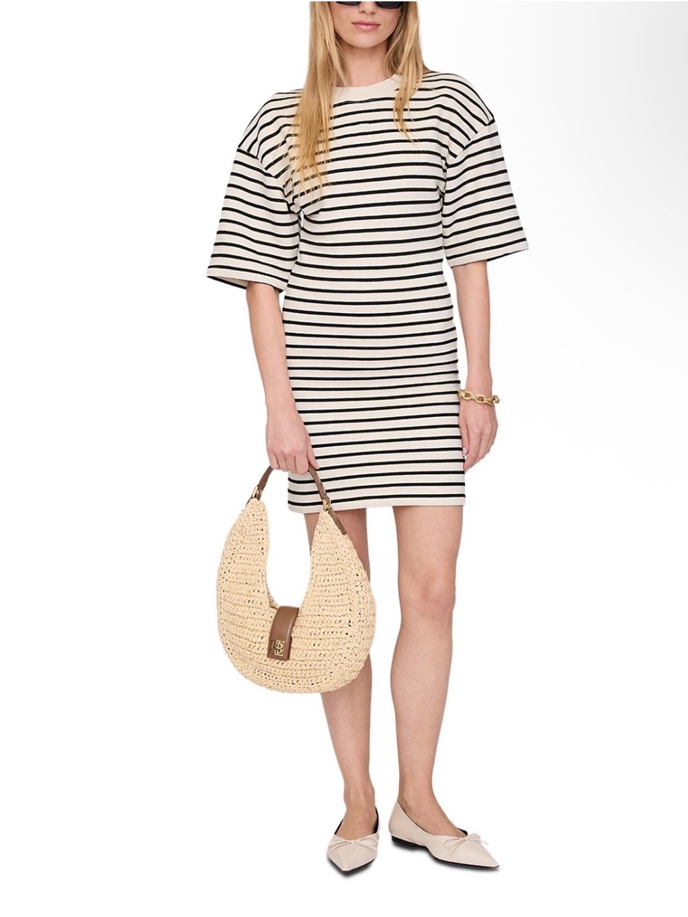 NWT Anine Bing Mona Striped Cream and Black Short Sleeve Dress | Size L